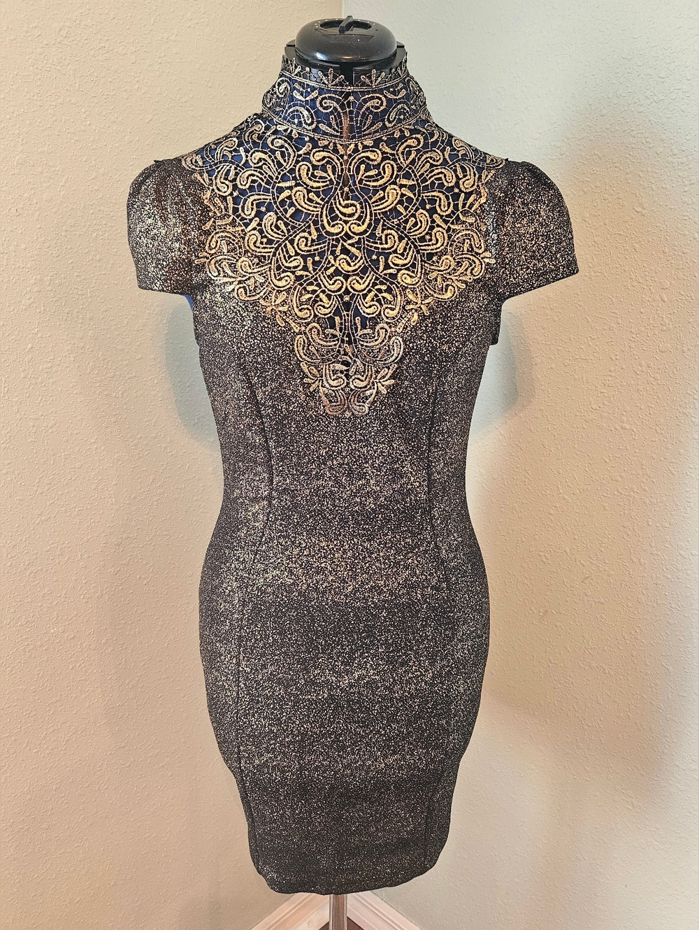 Elegant Gold and Black Lace Dress
